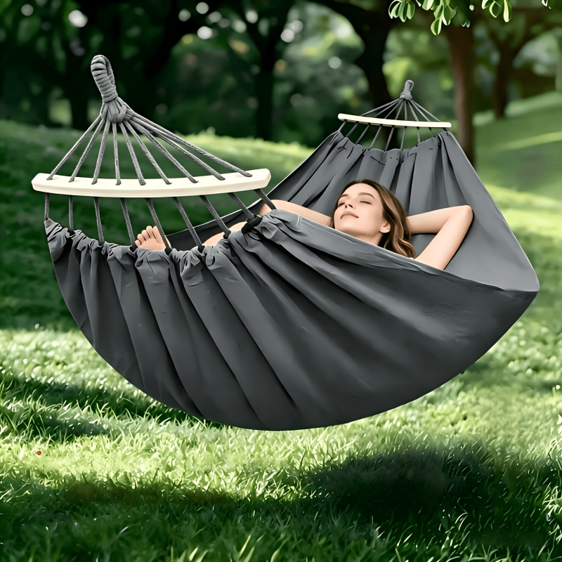 1pc Patio/Outdoor Hammock with Support Pole, Sturdy Dark Gray Fabric Hammock with Anti-Tip Design, Durable with Tie-Down Ropes - Ideal for Relaxing in the Patio, Outdoors, Indoors, and Camping, for Outdoor Hammock Use
