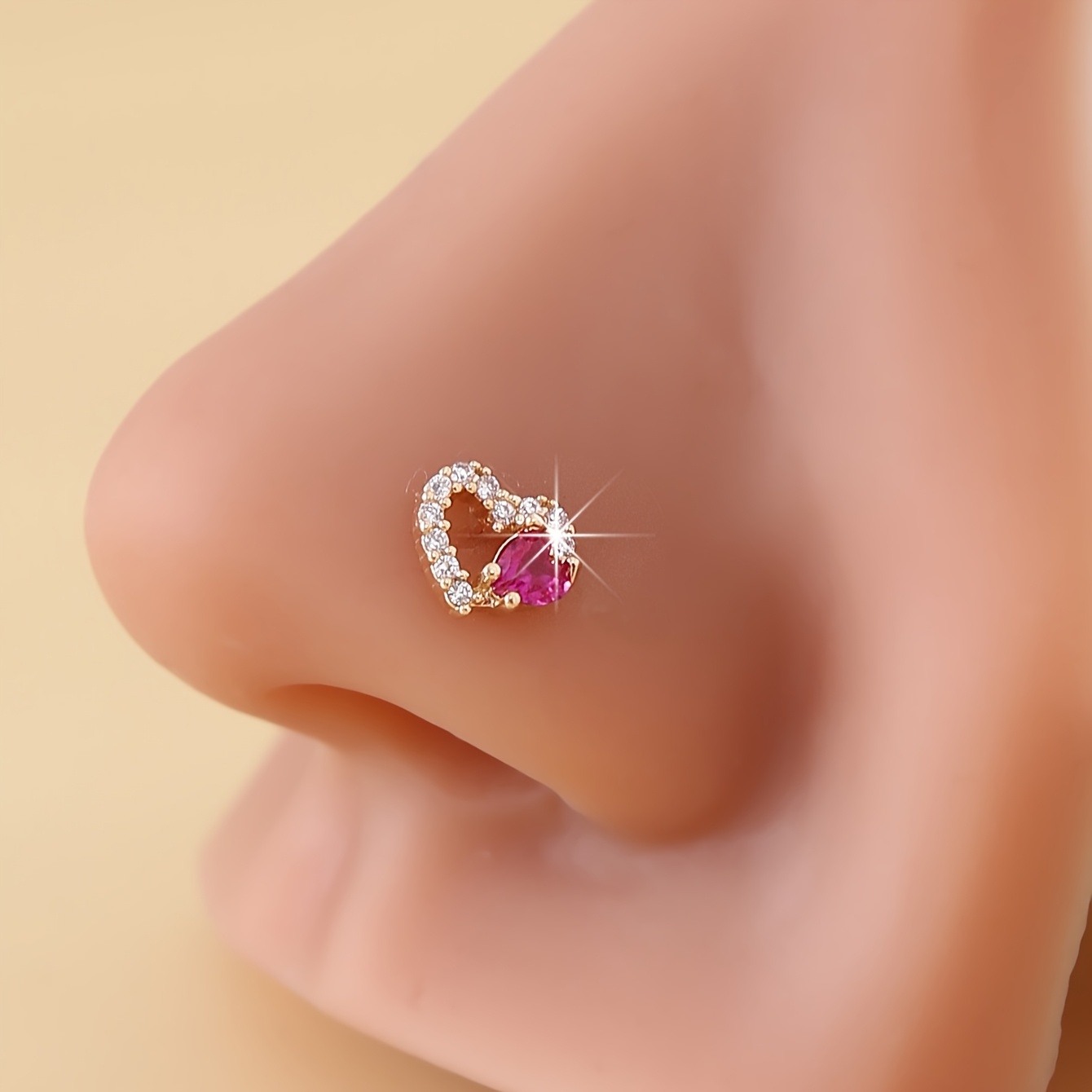 TEMU 1pc Heart-shaped Inlaid Rose-red Artificial Synthetic Zirconia, Fashionable And Cute Nose Stud, Nose Jewelry, Suitable For Daily Wear