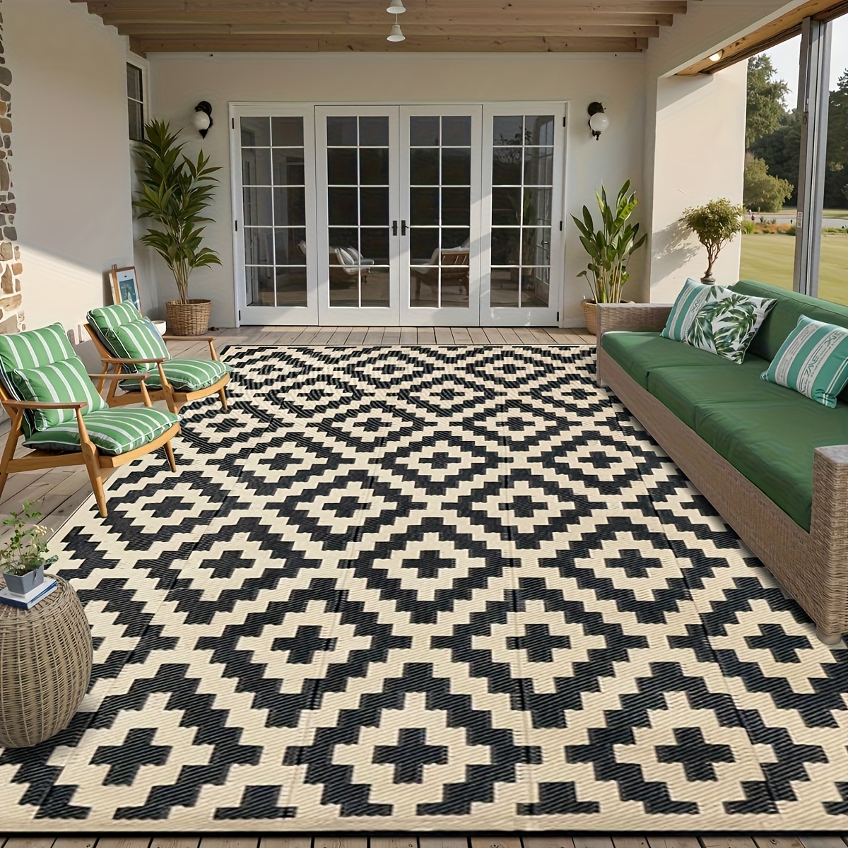 outdoor herringbone pattern rug 100 pp double sided plastic mat modern large floor mat for patio deck backyard camping beach black beige hand wash only deck rugs and mattress pads