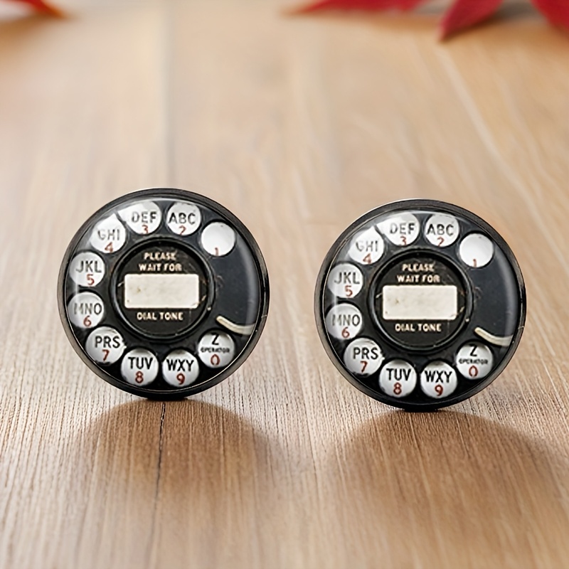 TEMU 1 Pair Telephone Dial Black Stud Earring Round Glass Cabochon Earrings Handmade Jewelry, Without Battery