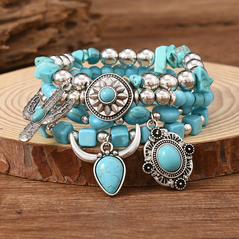 E-shop Bohemisches Bulle-Kopf Kaktus Türkis Perlen Stapelarmband-Set, Handgemachtes Sommer Strand Elastikseil Armband für Männer und Frauen