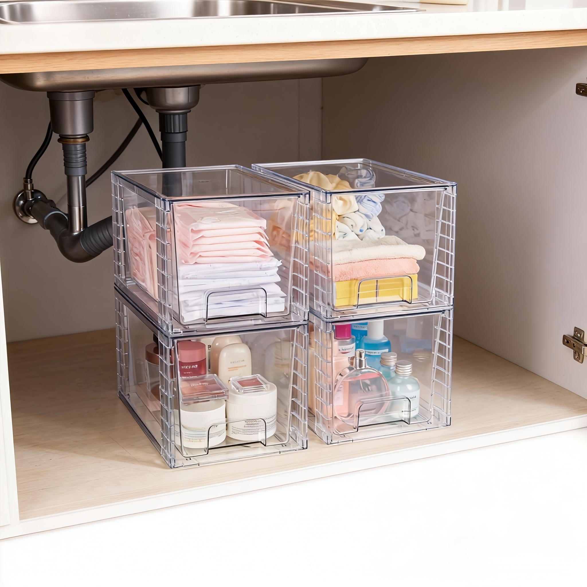 TEMU Set da 4 cassetti impilabili trasparenti per sottolavello e contenitori da cucina - Grandi organizzatori in acrilico con maniglie, contenitori