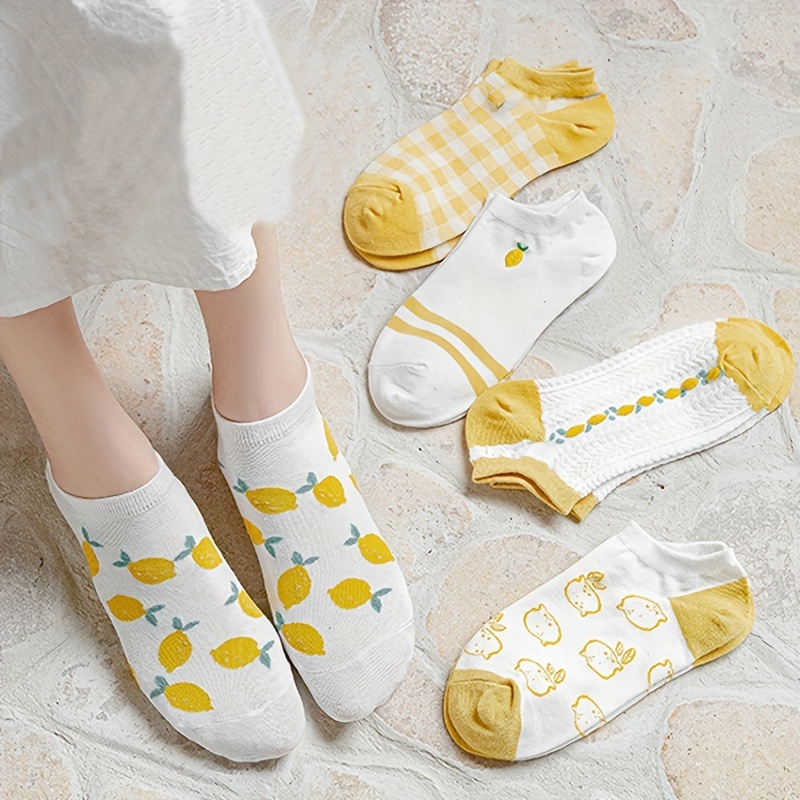 

5 Pairs Cute Lemon Socks, Japanese Style Comfy Low Cut Ankle Socks, Women's Stockings & Hosiery