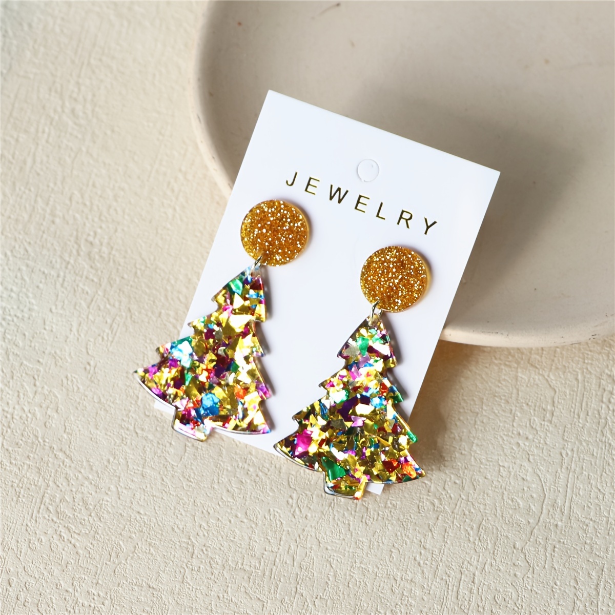 Image of 1 Pair Women's Christmas Golden Sequined Sparkling Christmas Tree Acrylic Holiday Party Earrings