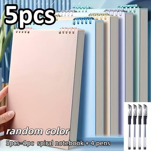 5pcs set including random spiral notebook and 4 pens 60 sheets of 120 page high books with thick easy to tear for note taking and study organization