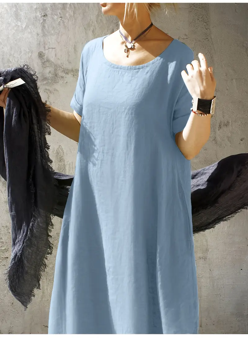 γυναικεία καλοκαιρινή φόρεμα με στρογγυλή λαιμόκοψη, κοντό μανίκι, χαλαρό κόψιμο, μονόχρωμη, με τσέπη, midi μήκος, casual Στοιχεία είδους 9