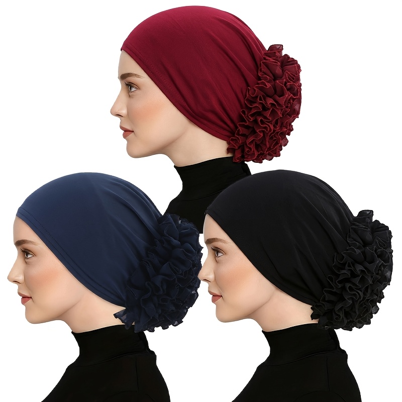 TEMU Ensemble de 3 pièces de grands chapeaux à foulard en de soie à floraux, anti-chute de cheveux, turban ethnique
