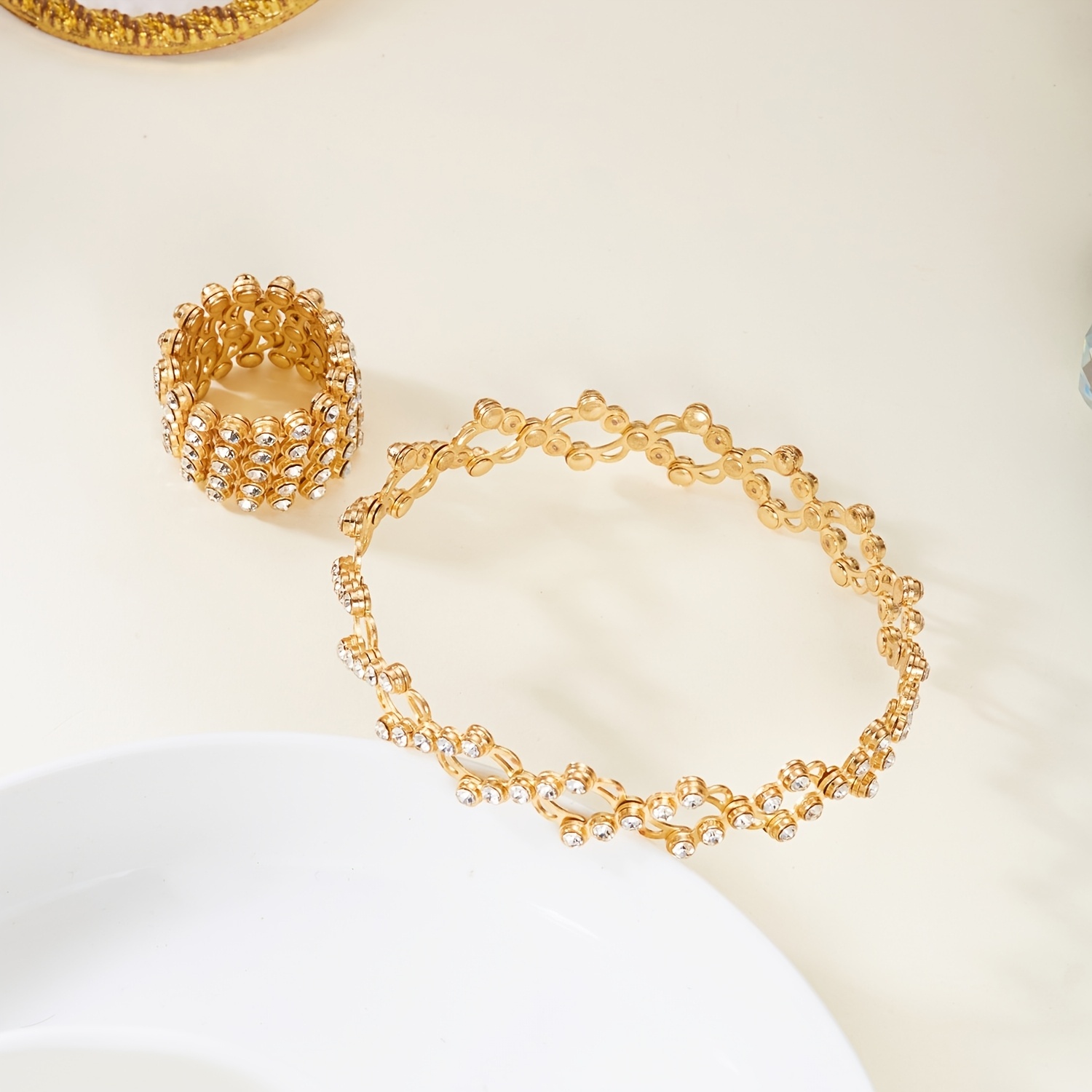 juego de 2 piezas de anillo y pulsera mágicos elásticos de 2 formas de uso - chapado con   filas de diamantes  , anillo elegante transformable para uso  , fiestas y regalo de san valentín Detalles del producto 7