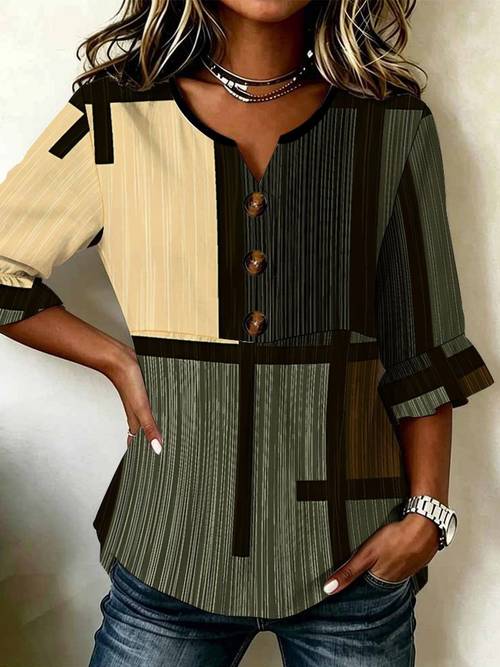 item picture womens fashion blouse with small v neck sleeves and front buttons colorful geometric print elegant staple for ladies