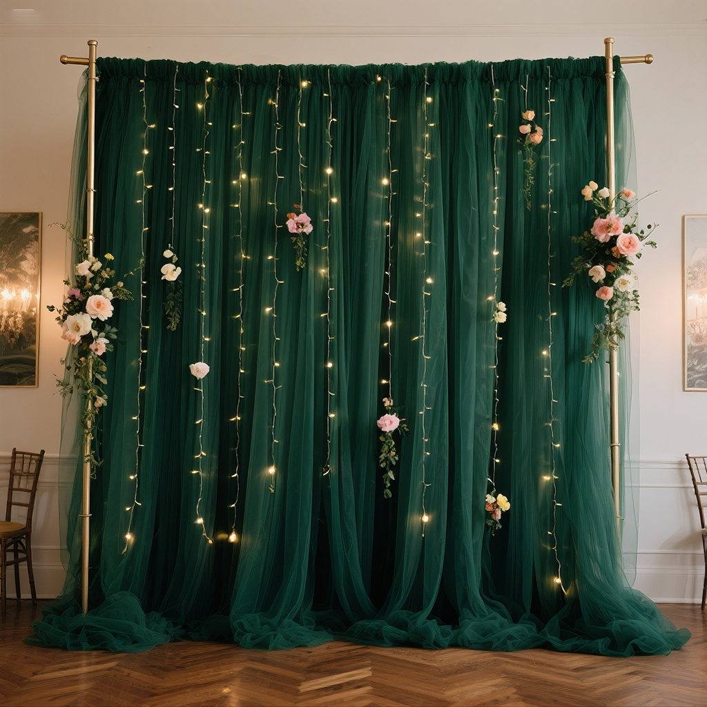 E-shop 2 Stück Smaragdgrüne Party-Hintergrundvorhänge - 118x59 Zoll Weiches Polyester-Netzstoff für Hochzeiten, Partys, Abschlussfeiern -