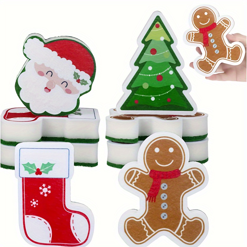 TEMU 4pcs Christmas Kitchen Sponges - Double-sided, Scratch-free Dishwashing Pads With Santa, Tree & Gingerbread Designs For Home Cleaning