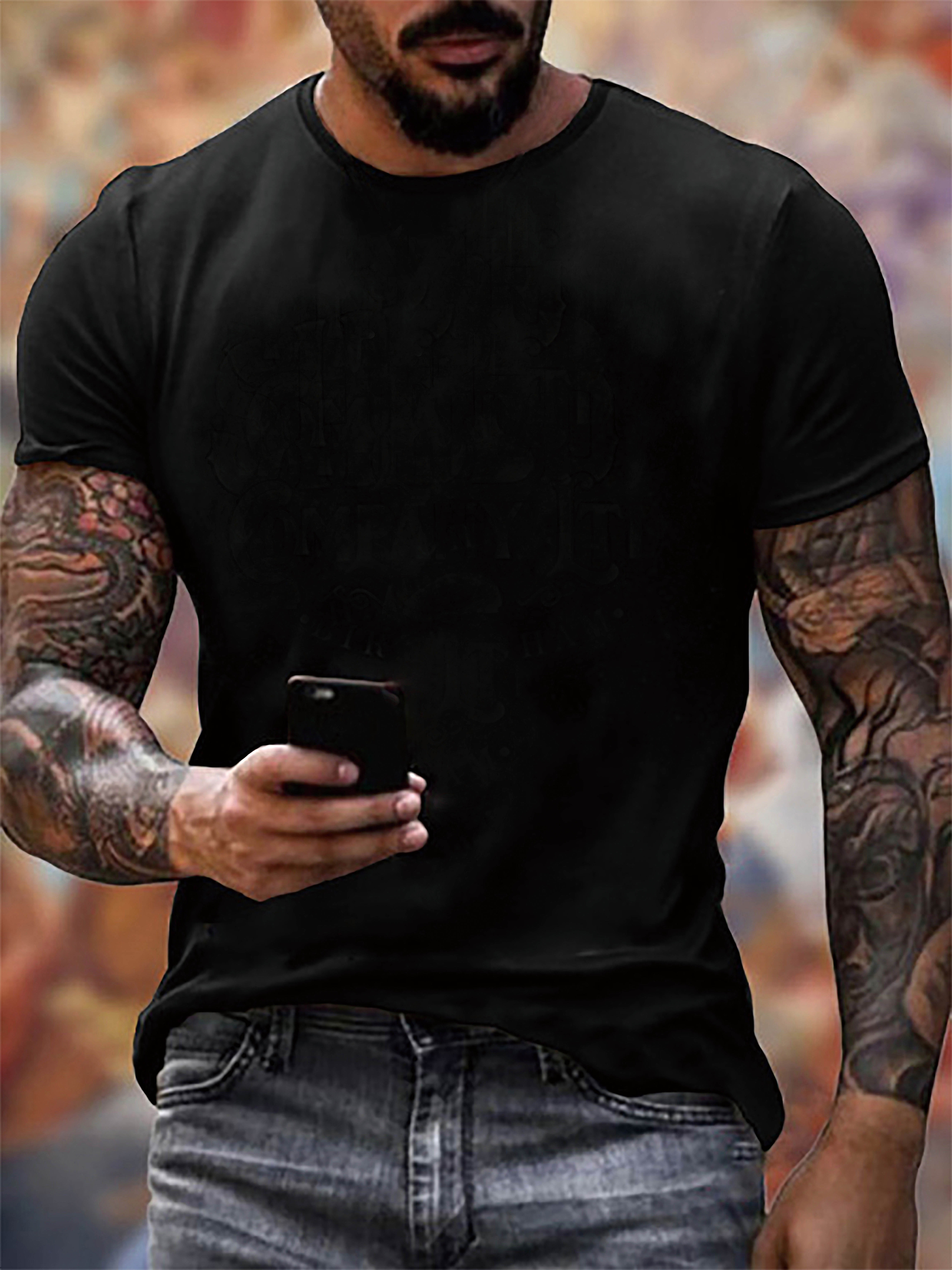 Plus Size Men's Letters Print Short Sleeve T-Shirt, Casual Fashion Crew Neck Tee, All Over Graphic Top For Outdoor Sport And Leisure, Big & Tall Guys