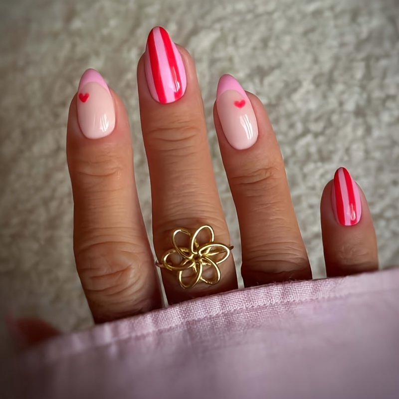 24pcs Medium Oval Press On Nails, Pink , Trendy & Delicate False Nails, Long-lasting & , Ideal For Want A Dainty Romantic Look For Office, Events, Or Casual - Wearable Nails Kit