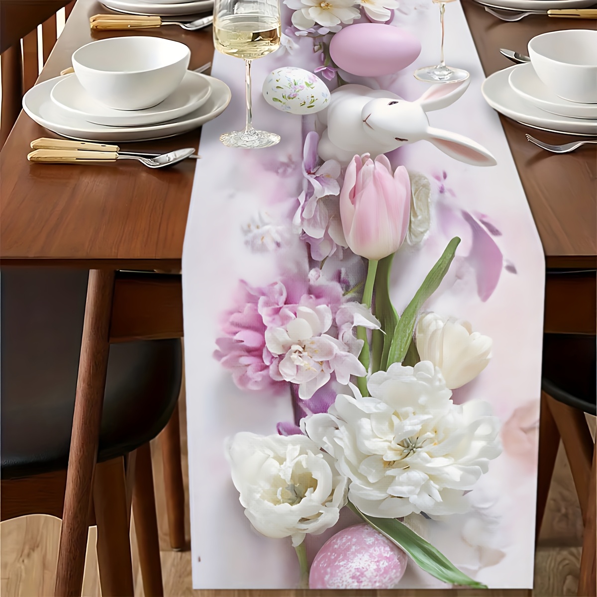1pc Spring Easter Bunny & Egg Table Runner With Colors - Soft Lavender Background, Candy Eggshell Patterns, Fabric Suitable For , Spring Table Settings, ' Decorations