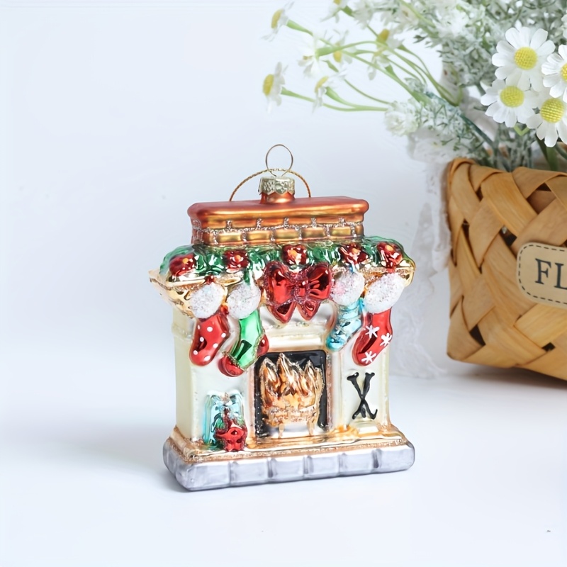 Image of Hand-blown Glass Vintage Hand-painted Fireplace Christmas Tree Ornament, Christmas Holiday Fireplace Figurine Decoration, Christmas Party Decorative Accent, Home Decor Ornament