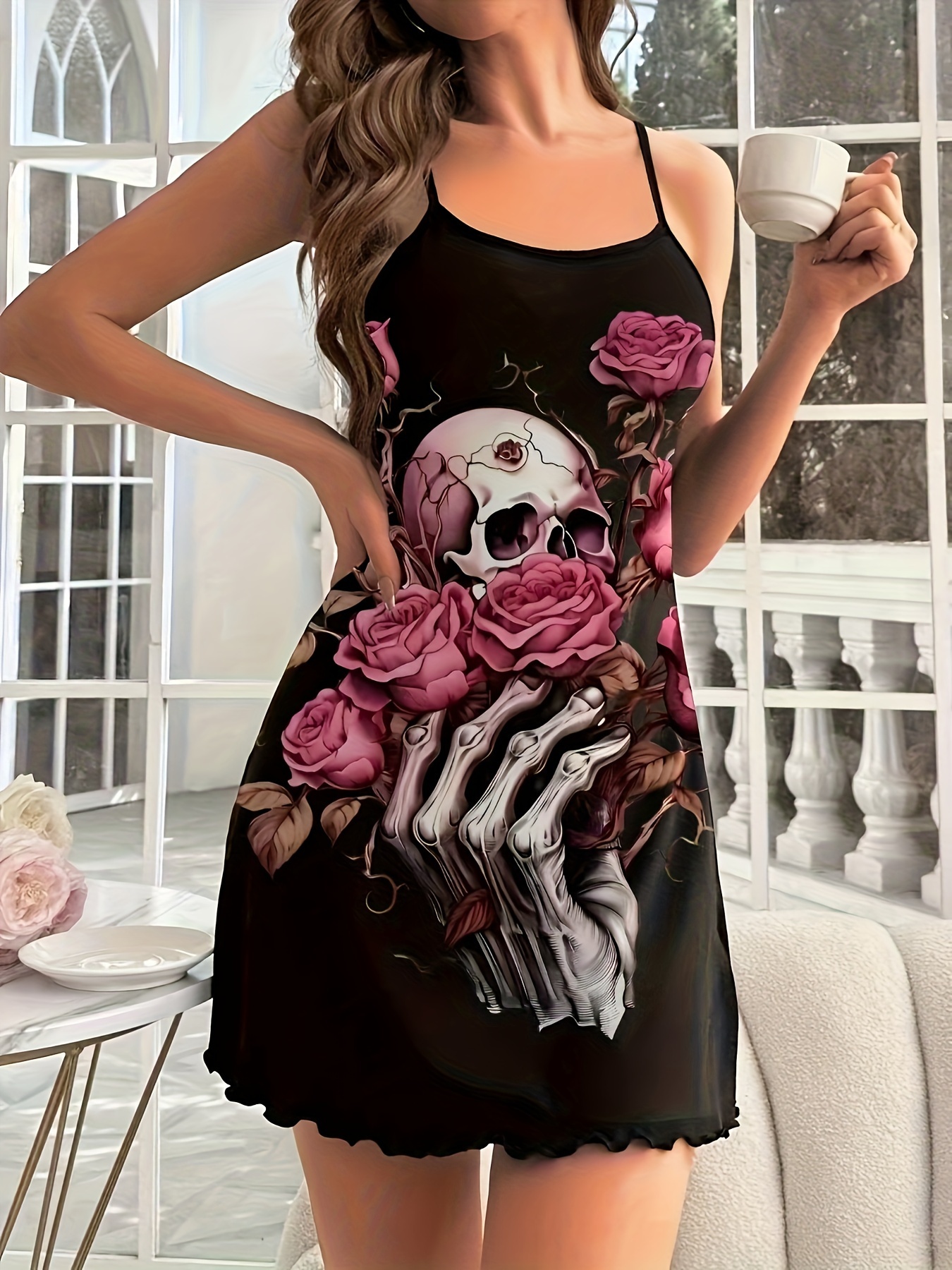 ladies elegant rose skull print pajama dress round neck - Temu