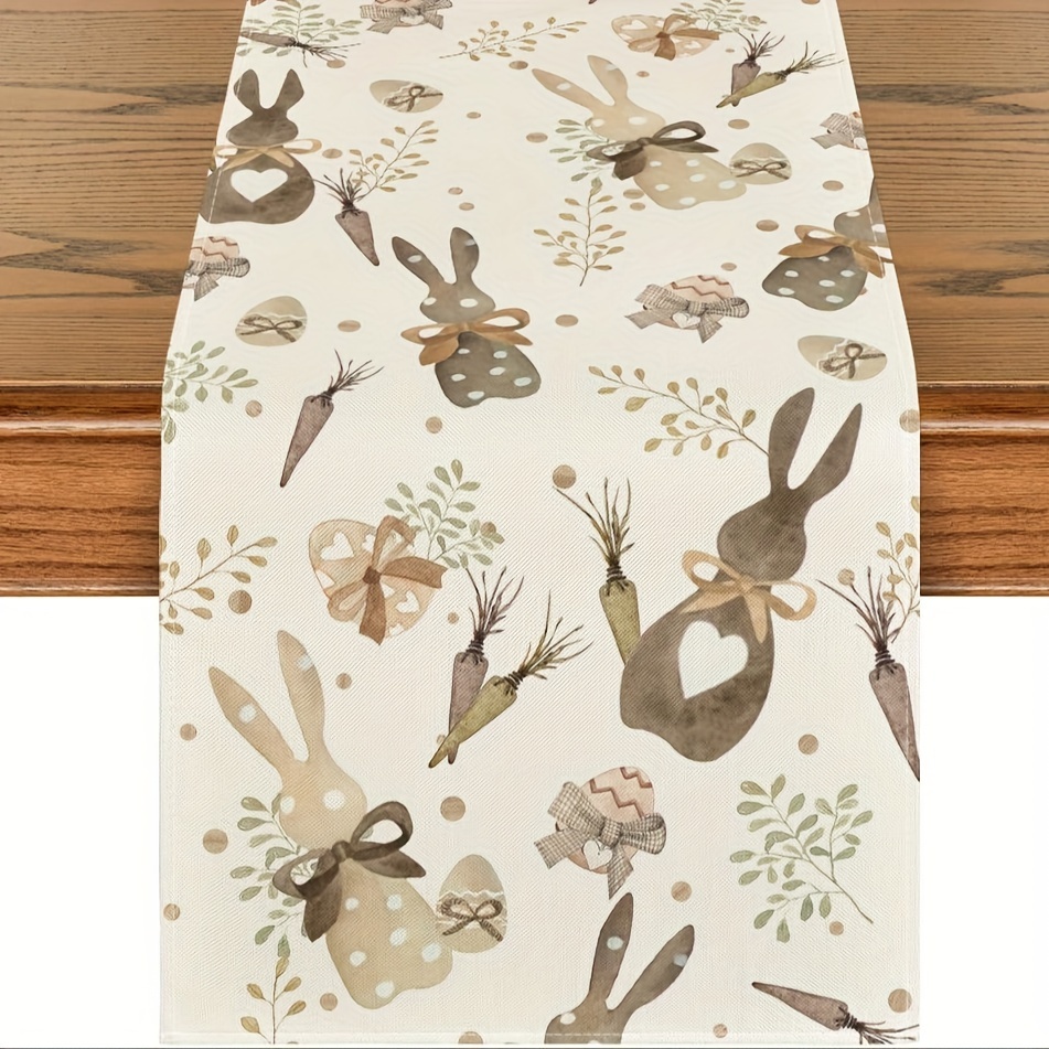 

1pc Course de table lapin de Pâques et - Tissu en polyester rectangulaire avec des , des feuilles d'eucalyptus et des œufs pour la décoration de et de à , 100% polyester