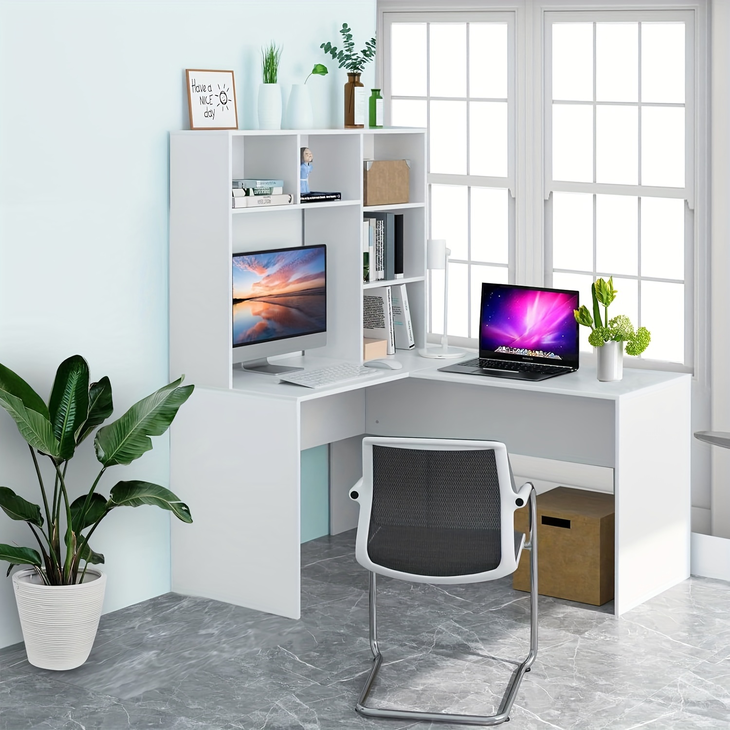 E-shop Kealive L-förmiger Schreibtisch mit Bücherregal, L-förmiger Schreibtisch mit Bücherregal, L-förmiger Computertisch, L-förmiger Eckschreibtisch,