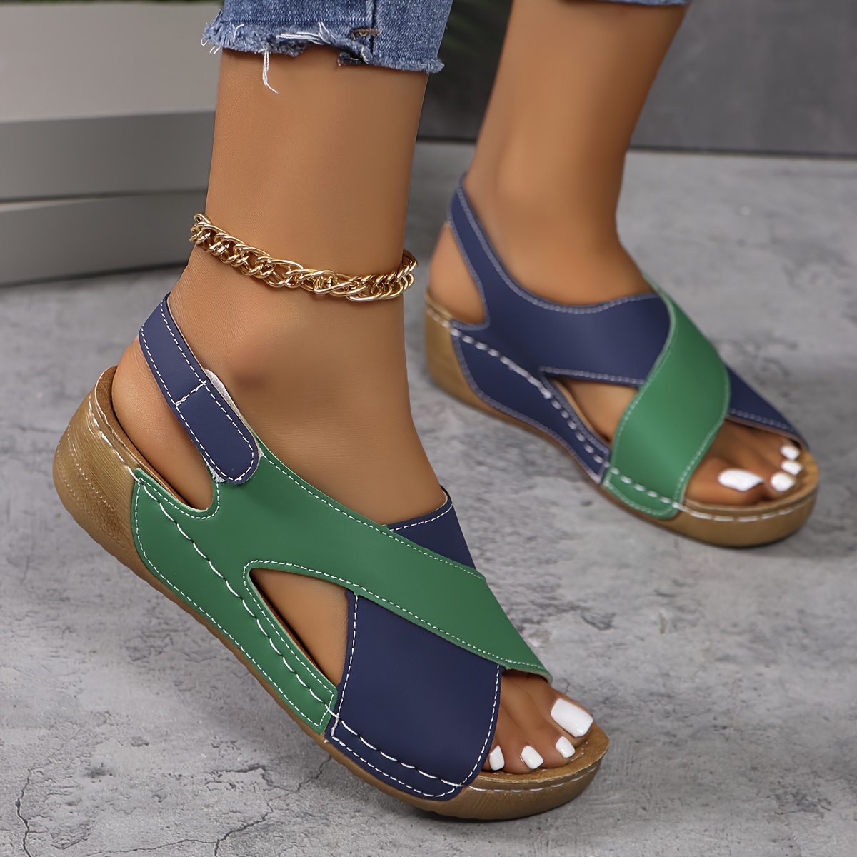 

Women's Colorblock Wedge Heeled Sandals, Casual Open Toe Platform Shoes, Comfortable Ankle Strap Sandals