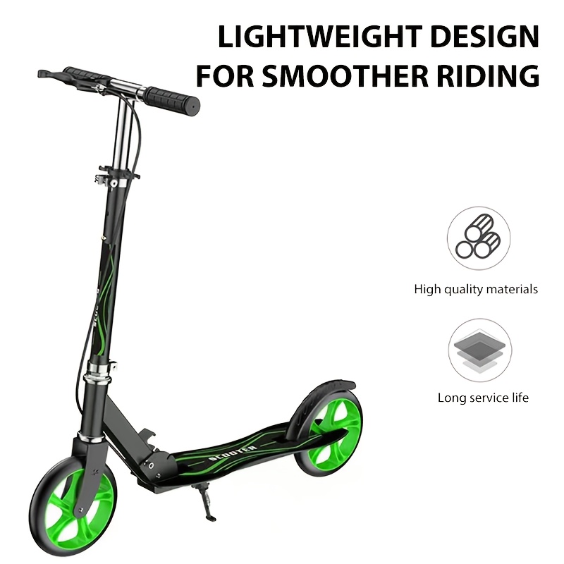 

Foldable Scooter With Dual Front And Rear Brakes, Portable, High-quality Material, Long Service Life - Black With Green Accents