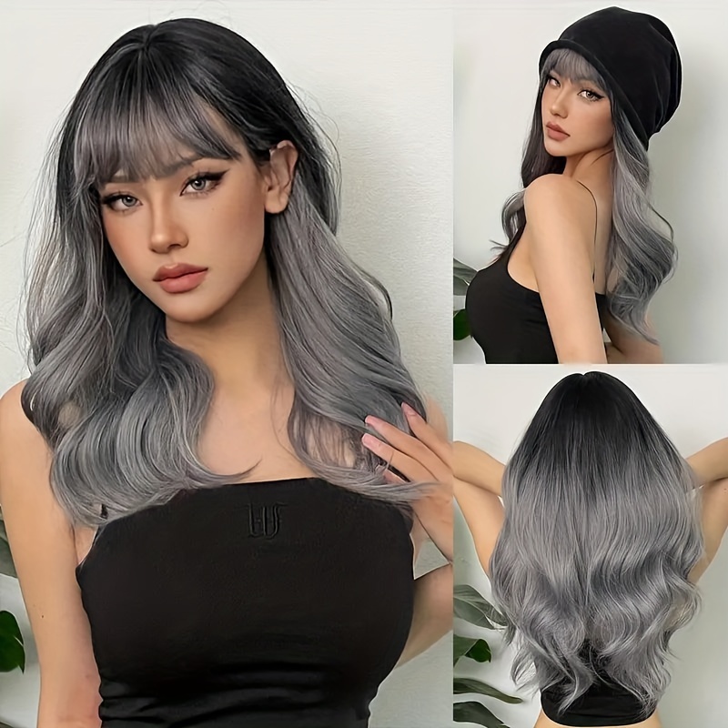 TEMU Grey 22 Inch Long Curly Wavy Wig With Bangs And Dark Base Synthetic Wig, Suitable For Daily Halloween Role-playing Use
