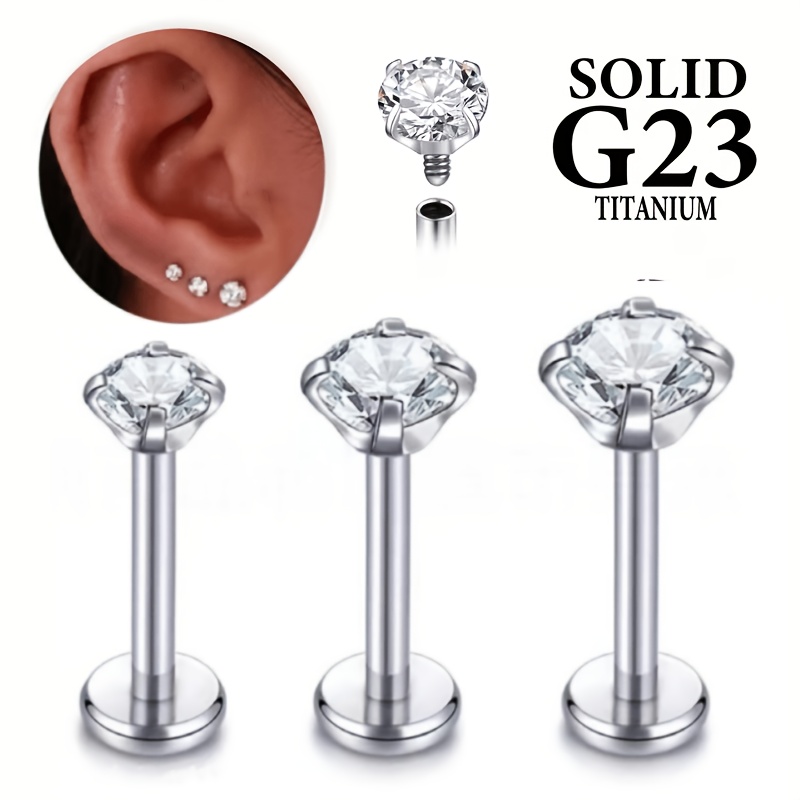 TEMU 3pcs Pack Of G23 Titanium F136 Internal Thread Synthetic Zirconia Lip Studs, Ear Bone Studs 2mm/3mm/4mm - Grade Implantable Penetration Jewelry,