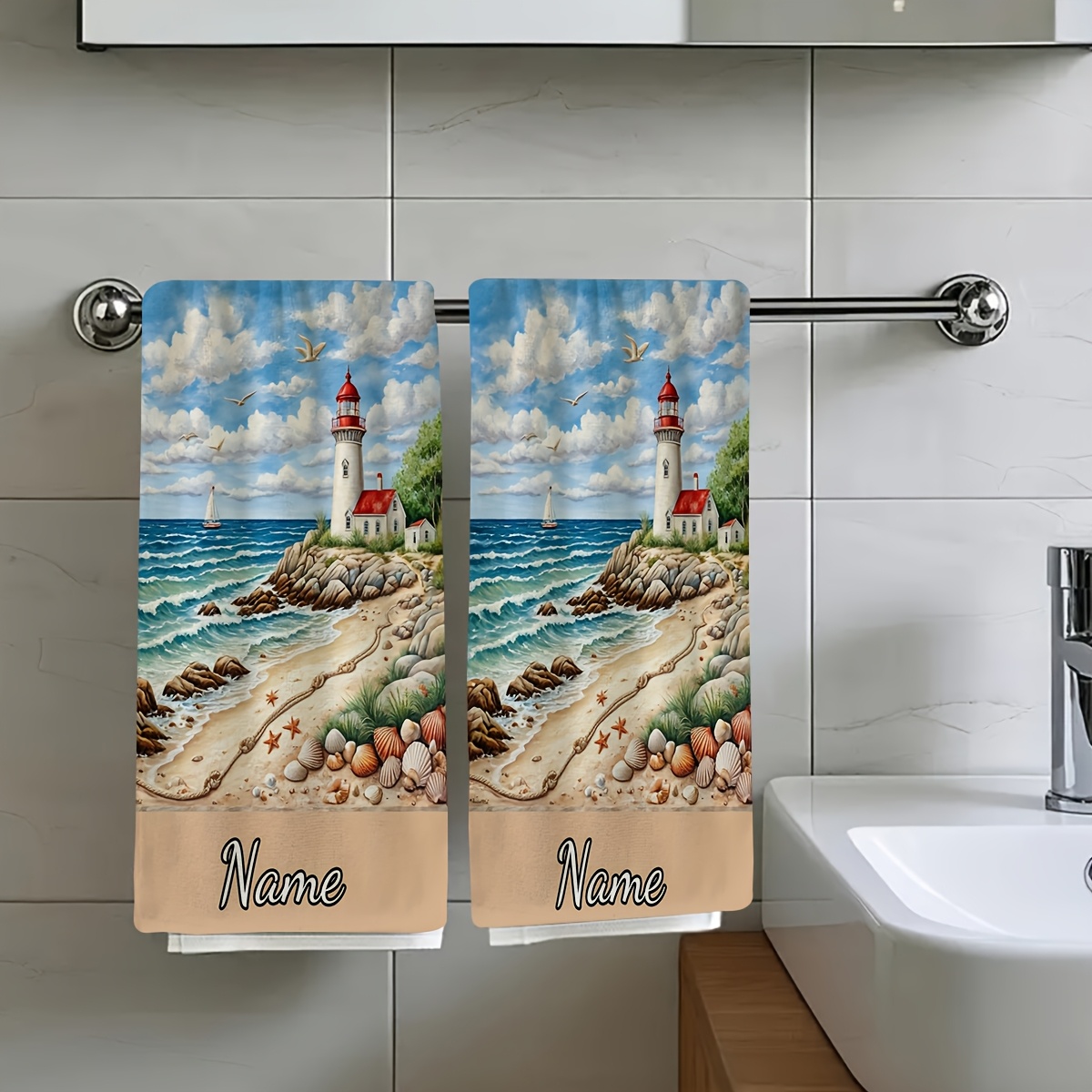 TEMU 2pcs, Red-roofed Lighthouse, Surrounded By Seashells And Essential Towels For Bird Travel, Customizable Towels, Name-customized Towels, Cartoon