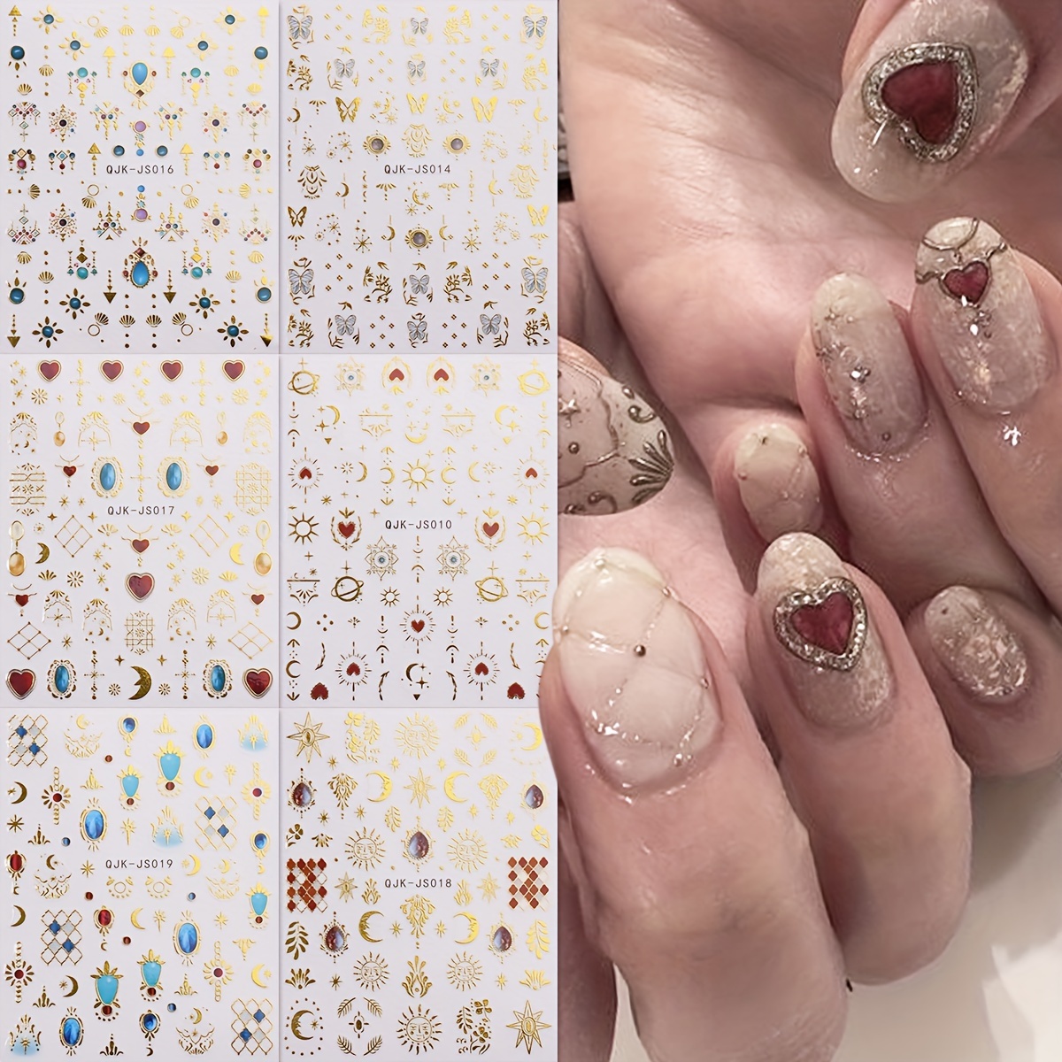 

Boho Chic 6-sheet Nail Art Stickers: Gold Foil Stars, Moons & Butterflies - Self-adhesive, Shiny Finish
