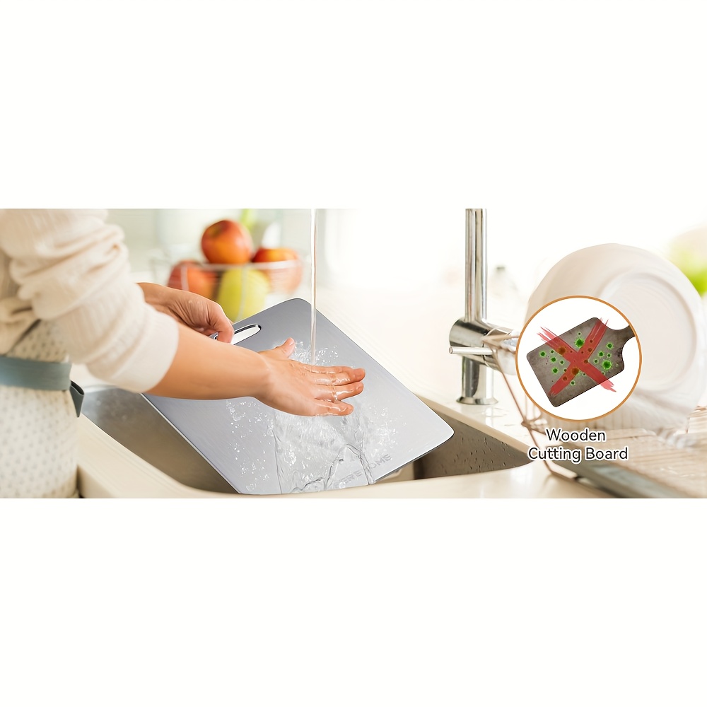 3pcs titanium cutting board, kitchen cutting board, food grade double-sided cutting board, cutting board with handle, dishwasher safe, suitable for cutting meat, fruits and vegetables (9 *14 , 8 *11 , 6 *10 ), cutting board for food, meat cutting board, meat chopping board, vegetable cutting, modern cutting surface, sleek kitchen tool, titanium material,   kitchenware, multipurpose cutting surface, home cooks, culinary students Product details 2