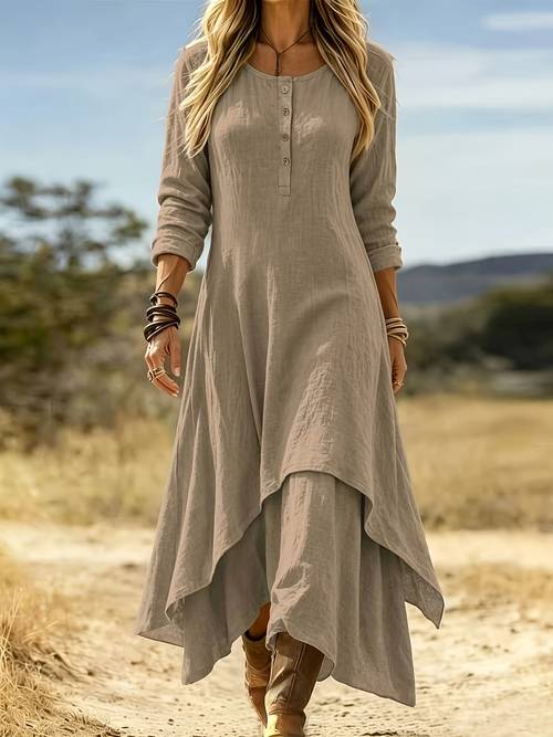 womens elegant solid color maxi dress with double layer asymmetrical hem half open front round neck long sleeve dress vintage suitable for banquets weddings fall winter formal events machine washable outerwear