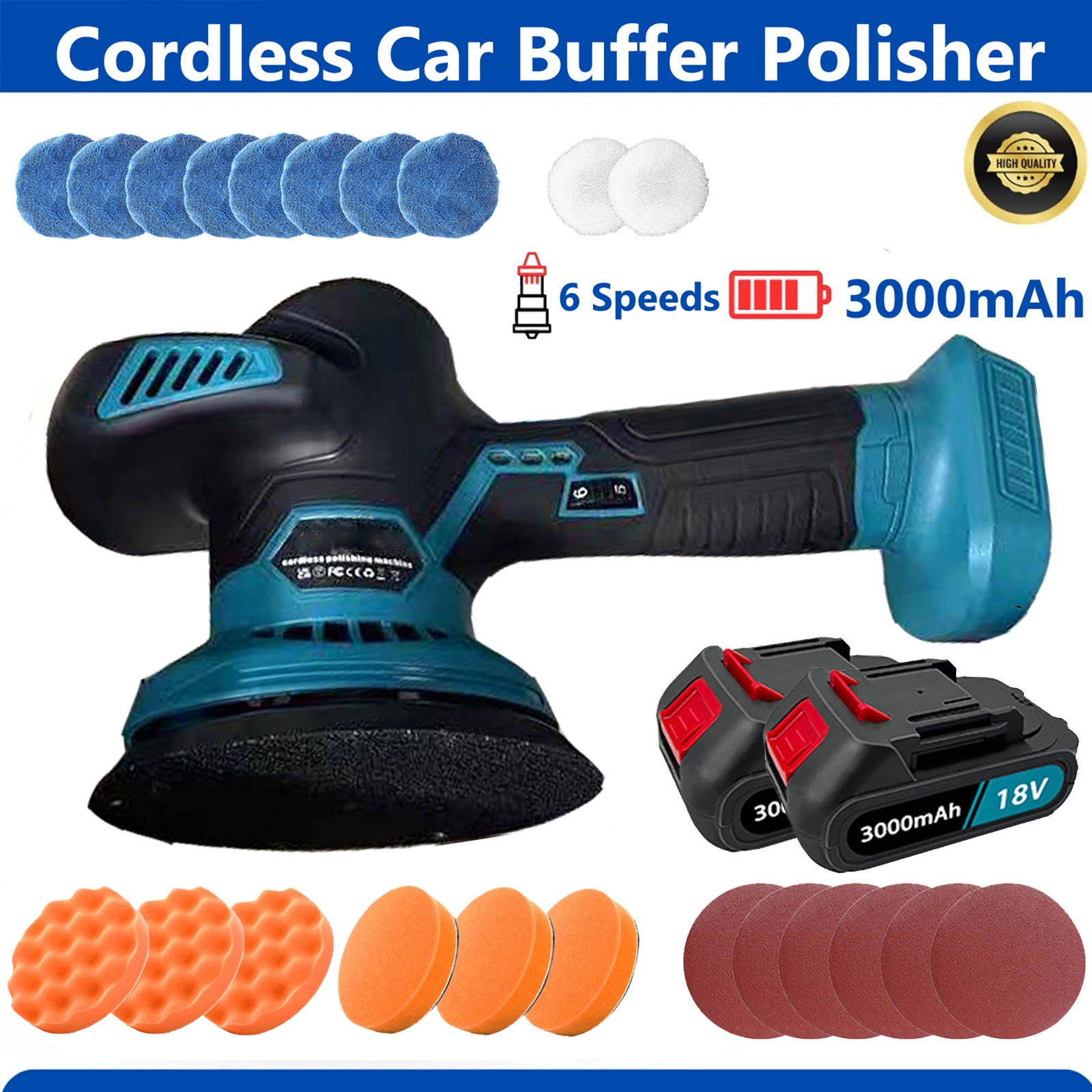 Image of 300w Cordless Car Buffer Polisher 6 Inch Portable Polishing Machine Kit 2500-5000 Rpm 6 Variable 145mm Base For Car Detailing Polish Buffing Sanding Diy With 2pcs 3.0ah Battery