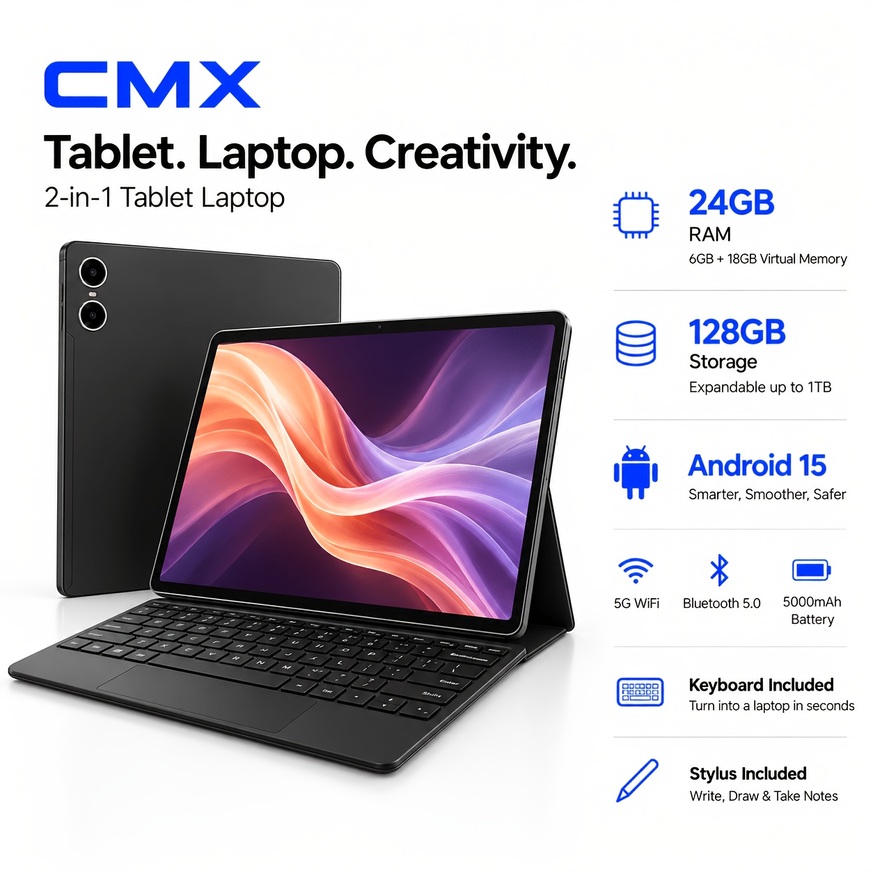 Image of 2026 15 2-in-1 Tablet, 10.1" Ips Hd Screen, 6gb Expandable , 128gb Rom, -core Cpu, 5000mah Battery, With Keyboard, Mouse & Stylus For Office, Study, Streaming & Everyday Use, Tablet, Pad, Tablet, Pad