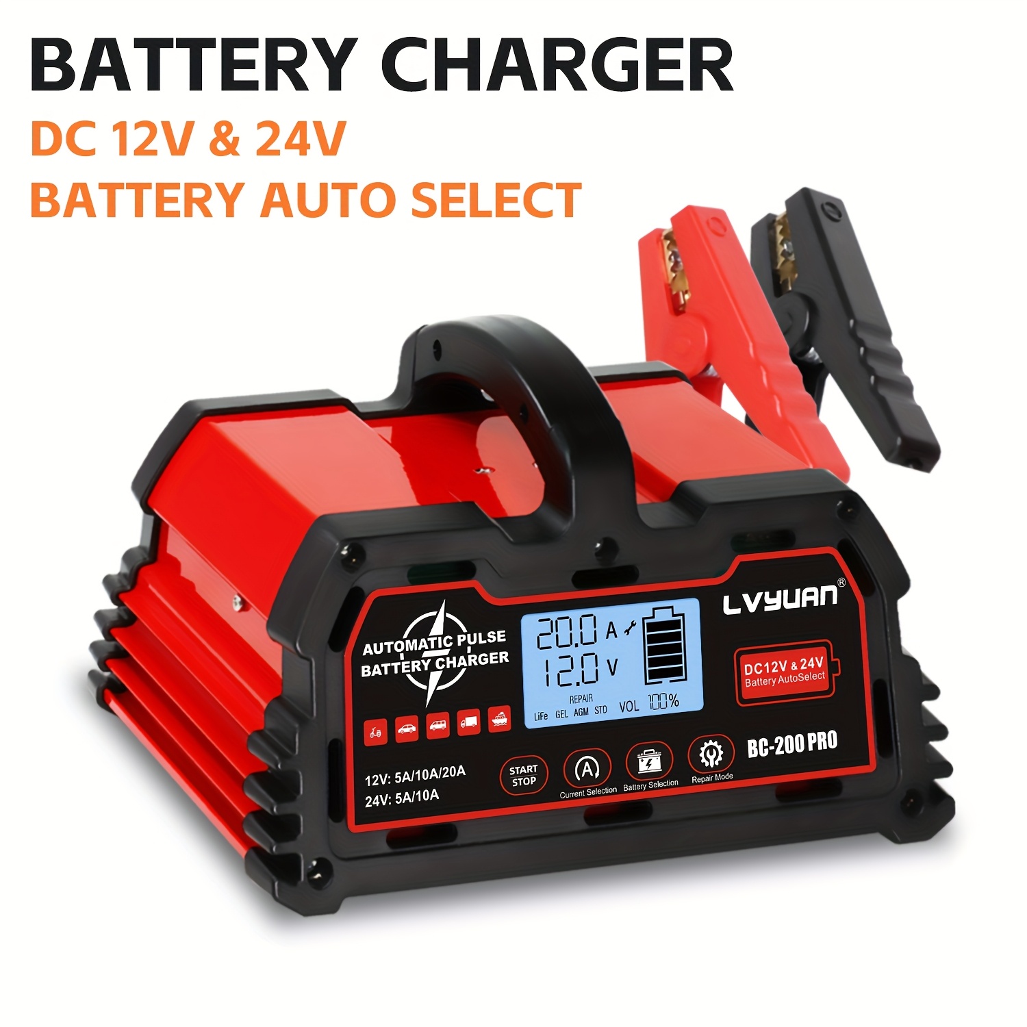 TEMU Lvyuan 25a 375w/20a 300w Car Battery Charger, 12v Lifepo4 Battery Charger, Lead Acid Battery Charger, Car Portable Trickle Charger, Battery Desulphator Maintainer For Car Truck Motorcycle Boat