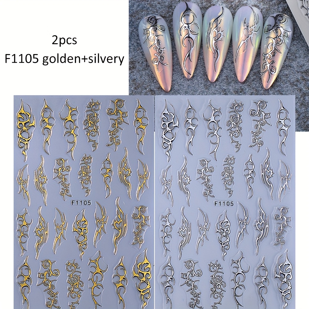 2pcs Y2k Golden Silvery Fire Line 3d Nail Art Stickers Irregular Flame Lines Nail Decals Diy Nail Decoration Supplies