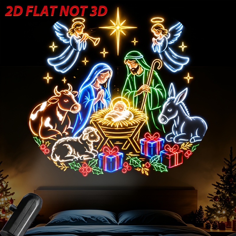 TEMU 1pc 2d Flat Projector Lamp Magical Christmas Nativity Scene With Angels For Decoration And Party Usb Powered Christmas Halloween New Year Gifts