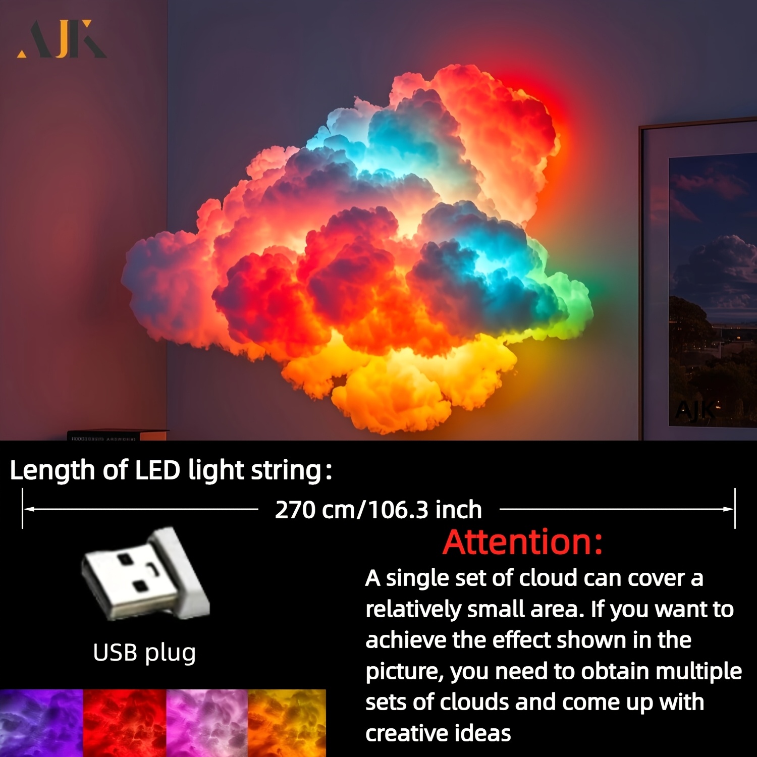 TEMU 270cm Rgb Thundercloud Light With Dynamic Changing Mood - Usb-powered Rgb Led String Suitable For Bedroom, Game Room, Party Decorations,