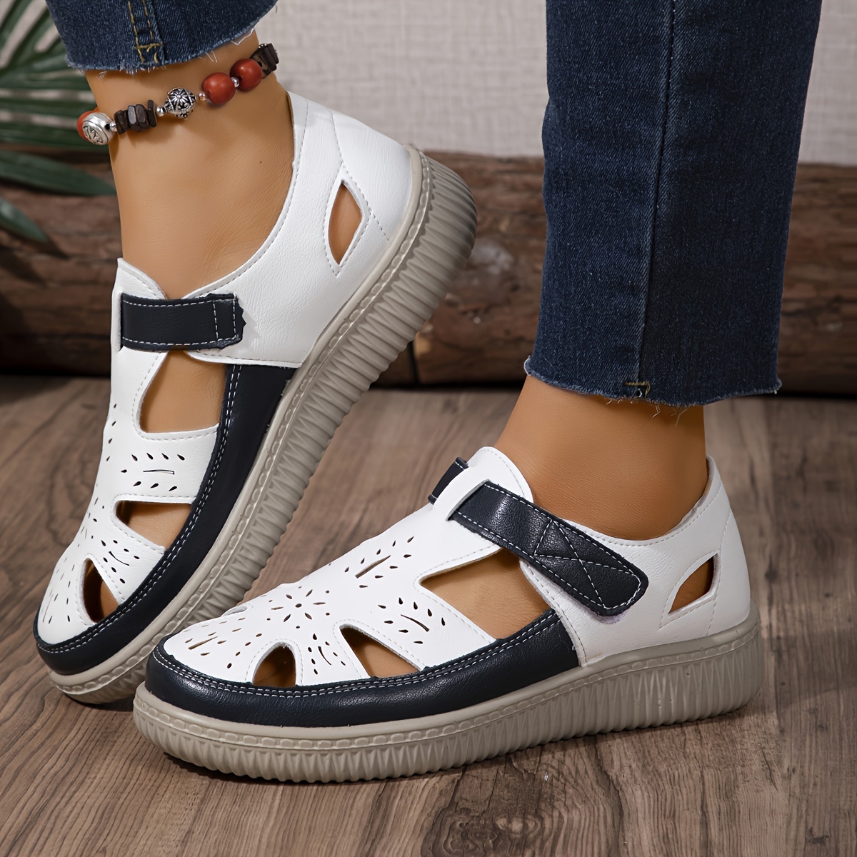 

Women's Contrast Color Flat Sandals, Casual Hollow Out Design Summer Shoes, Comfortable Slip On Sandals
