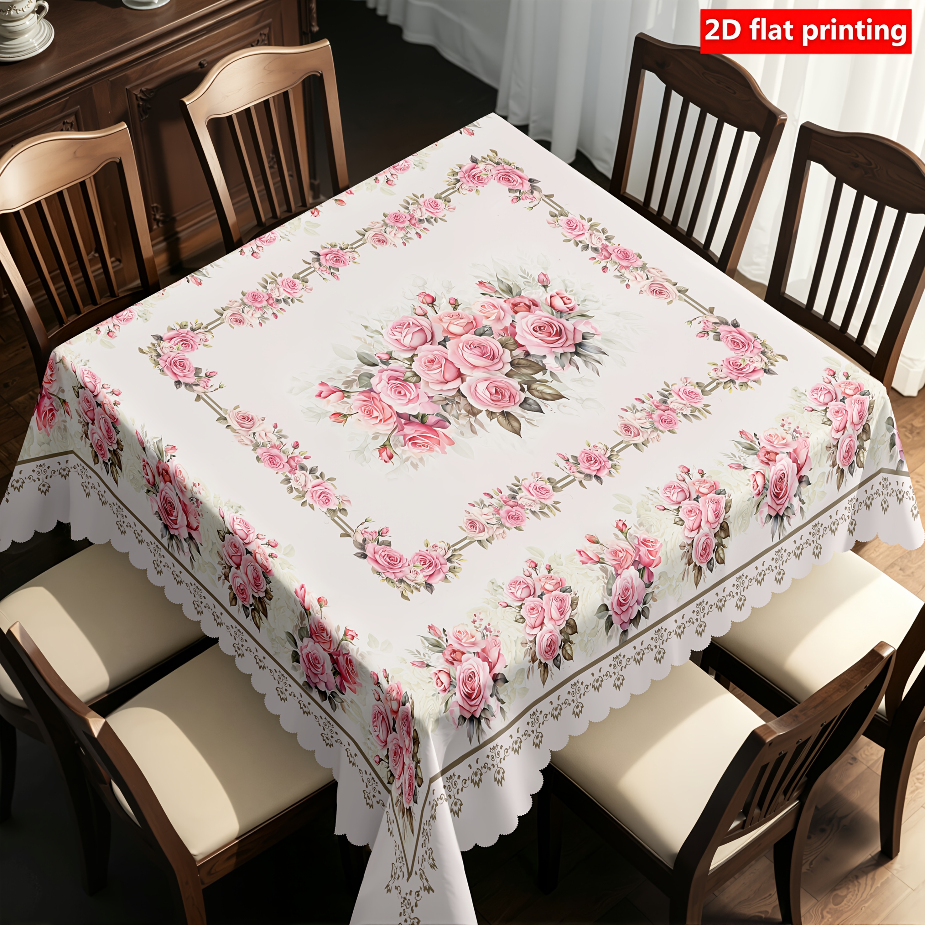 TEMU 1pc Retro Floral Farmhouse Style Tablecloth - Pink Design, Durable Polyester Fabric, Scalloped Edges, Ideal For Valentine's Day, Mother's Day,