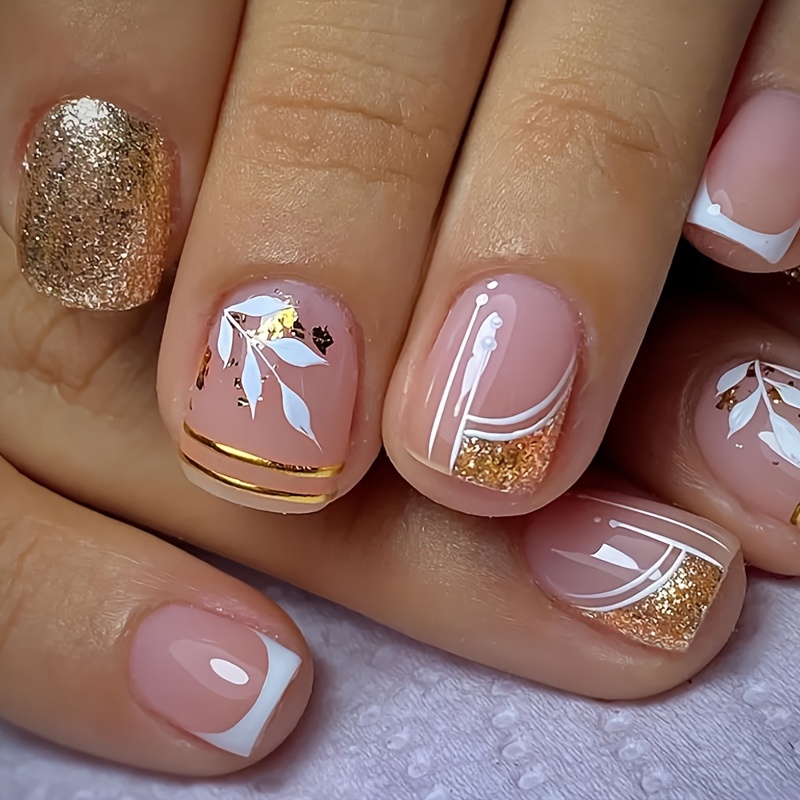 TEMU Set unghie finte francesi dorate glitterate da 24 pezzi, unghie corte quadrate finte con accenti a foglia e linea ondulata, colla gel e lima per