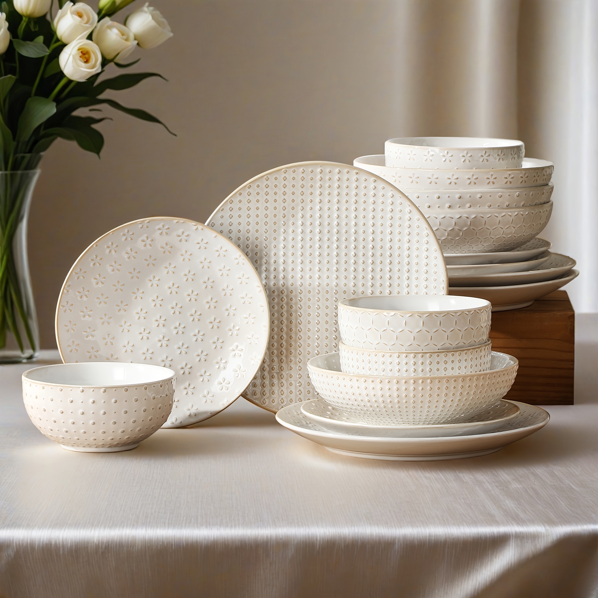 16pcs Dinnerware Set Stoneware Tableware Embossed 4 Patterns White, Including Dinner Plates, Dessert Plates, Soup Bowls, Cereal Bowls Service For