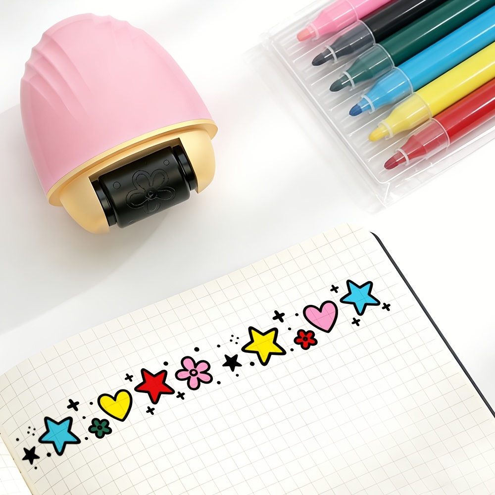 Smooth Shell-shaped Sliding Roller Journal Stamp, For Journal Lovers, Hollow Pattern, Color-filled, With 6 Optional Colored Pens, Golden Waistline, High-end And Elegant