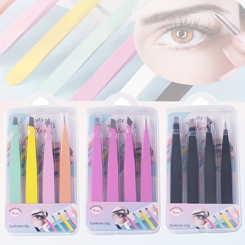 

Ensemble de 4 pinces à sourcils en acier inoxydable noir avec 96 pinces plates pour l'épilation, pince à sourcils avec couteau à sourcils, rangement et emballage dans une boîte en plastique