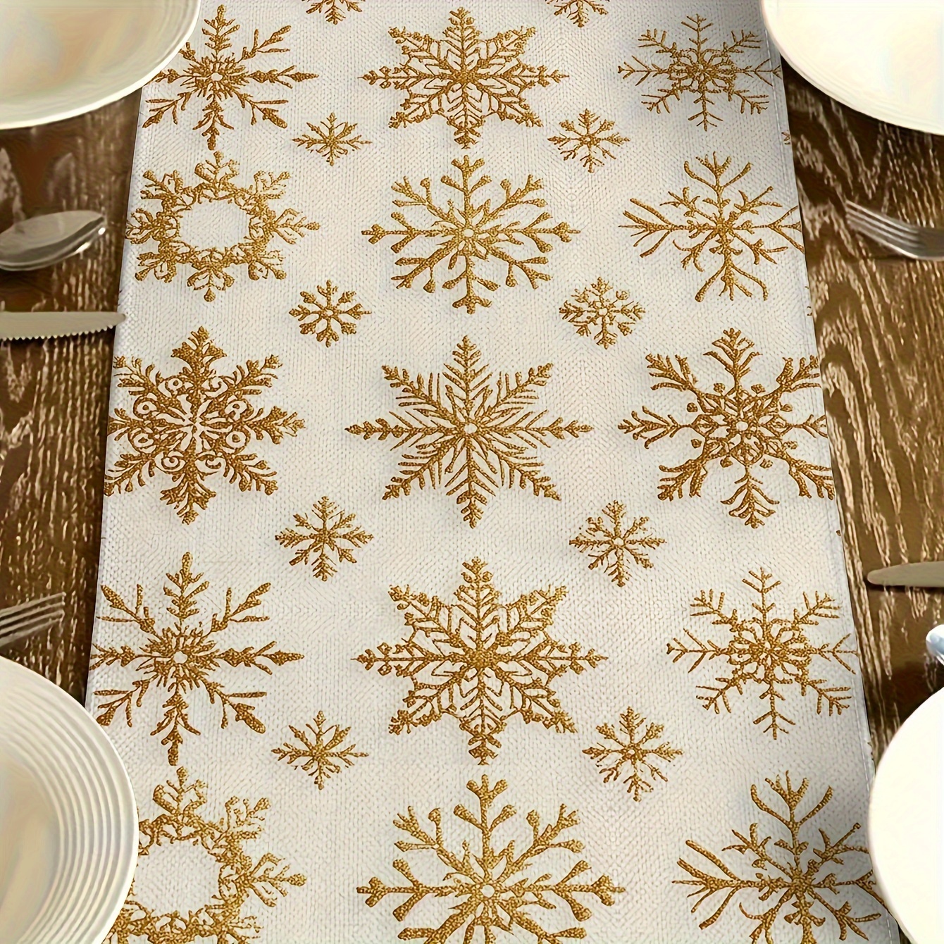 

Golden Print Christmas Table Runner - 13x72 Inches, White Polyester , Holiday Party & Dining Decor