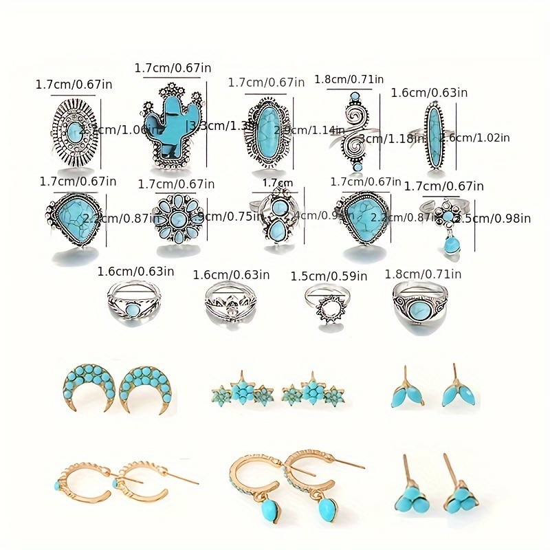TEMU 14pcs Rings+6 Pairs Earrings Vintage Bohemian Turquoise Alloy Totem Rings Set, Stacking Rings / / Inlaid Turquoise Party Jewelry, Valentine's Day Gift For Women Men
