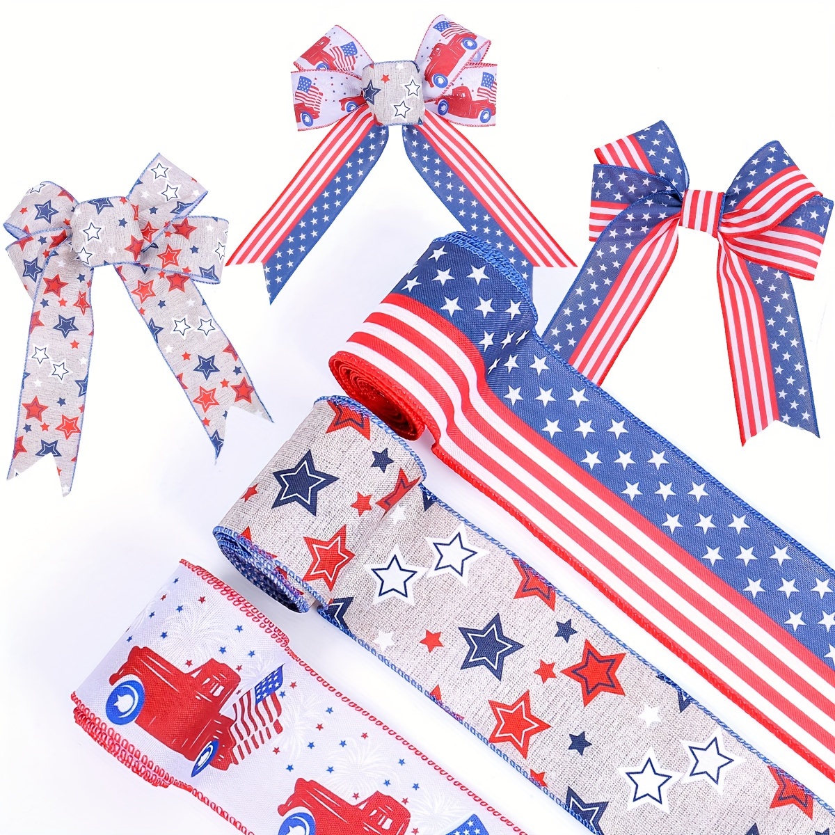 

3 Rolls 2.5" × 5 Yd Patriotic Wired Ribbon Burlap Ribbons American And Ribbon For Wreath Diy Crafting Gifts Wrapping Party Decoration