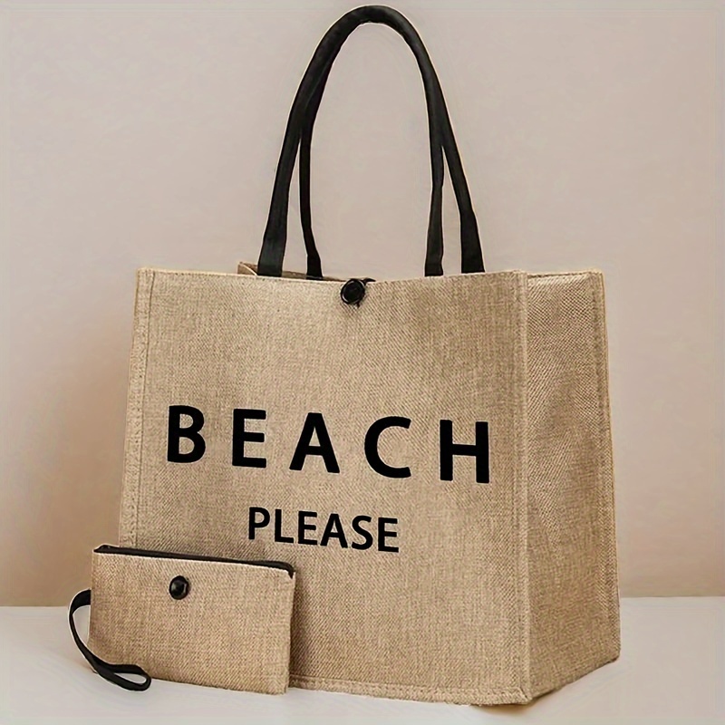 

Rustic Fabric Tote Bag, "beach Please" Large Capacity Travel Beach Bag, Fashionable Commuter Handbag With Spacious Storage, Versatile Shopper Bag