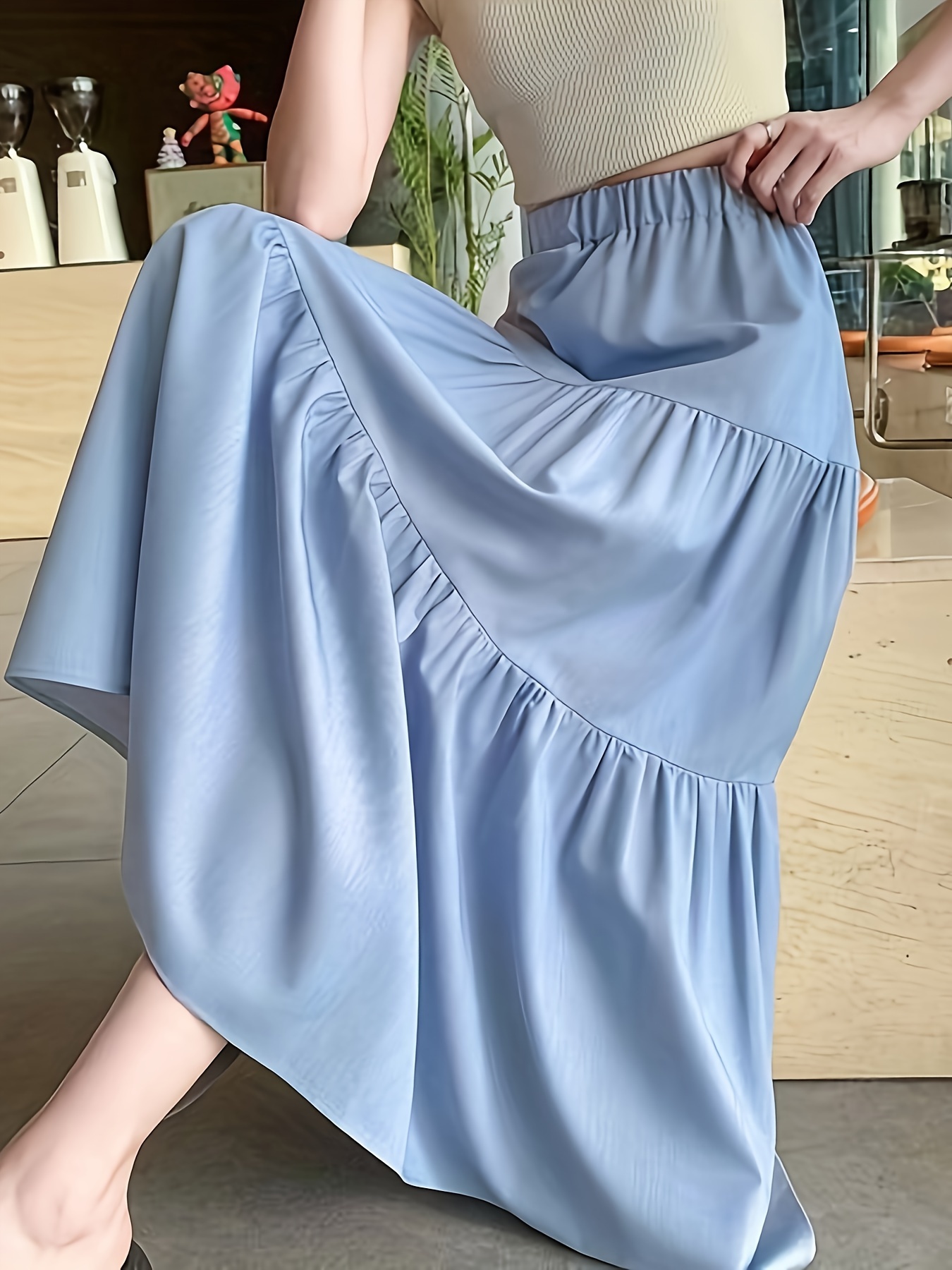 solid color high waisted midi skirt a long layered design