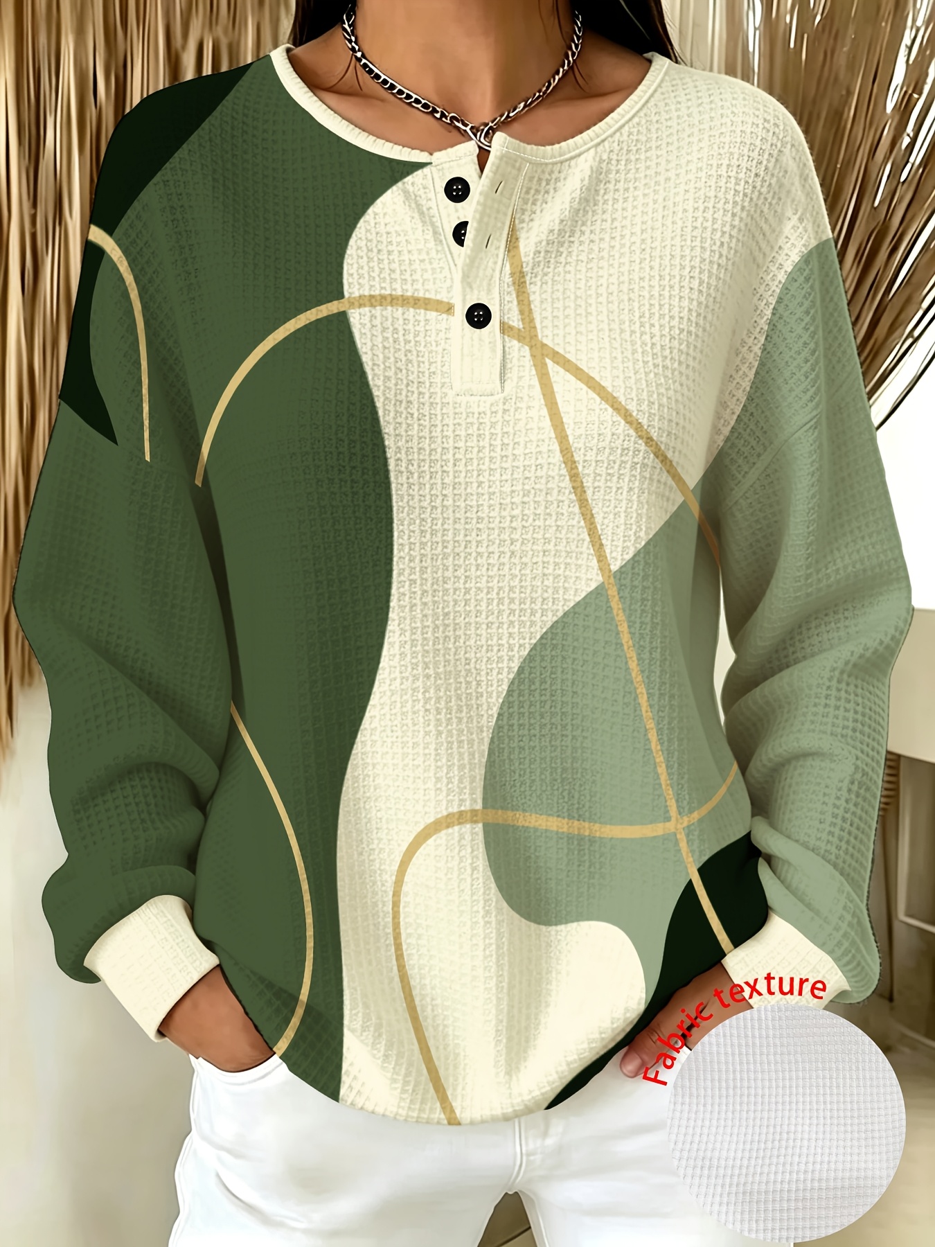 plus size womens plus size   style green abstract graffiti long sleeve sweatshirt casual   and outing fit pair with jeans or straight leg pants for relaxed style