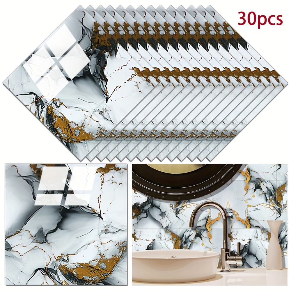 

30pcs Style Self-adhesive Marble Effect Wall Stickers, Waterproof Pvc, Cuttable & Peelable, Plastic Material For Kitchen And Bathroom Decor