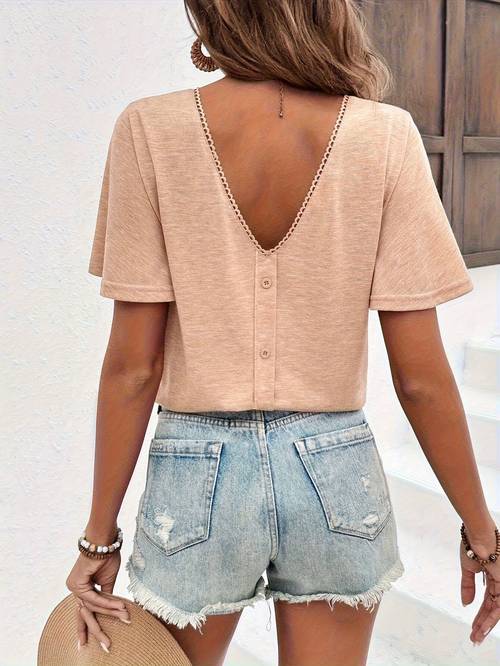 womens casual backless button t shirt